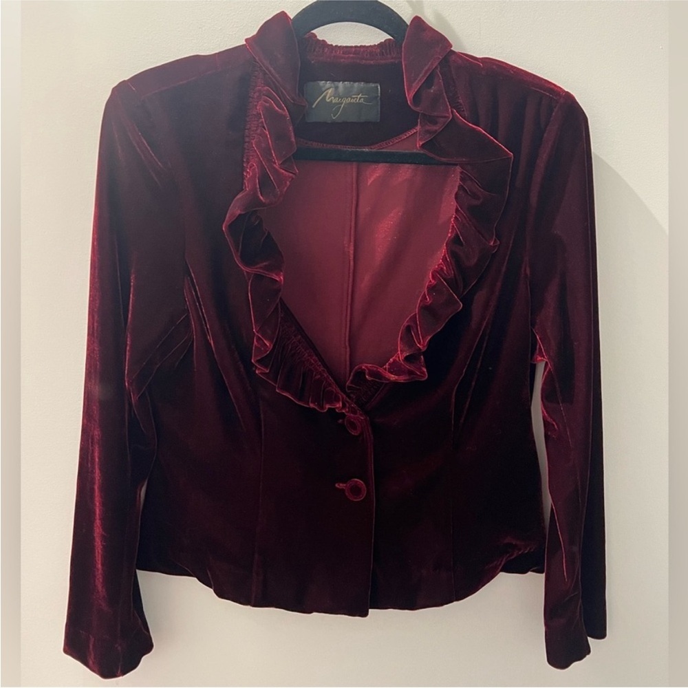 Vintage Velvet Ruffle Collar Blazer Jacket by Margareta | Wine Red | Size Medium - Picture 2 of 4
